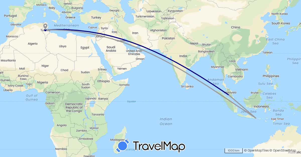 TravelMap itinerary: driving, plane in Indonesia, Malaysia, Tunisia (Africa, Asia)
